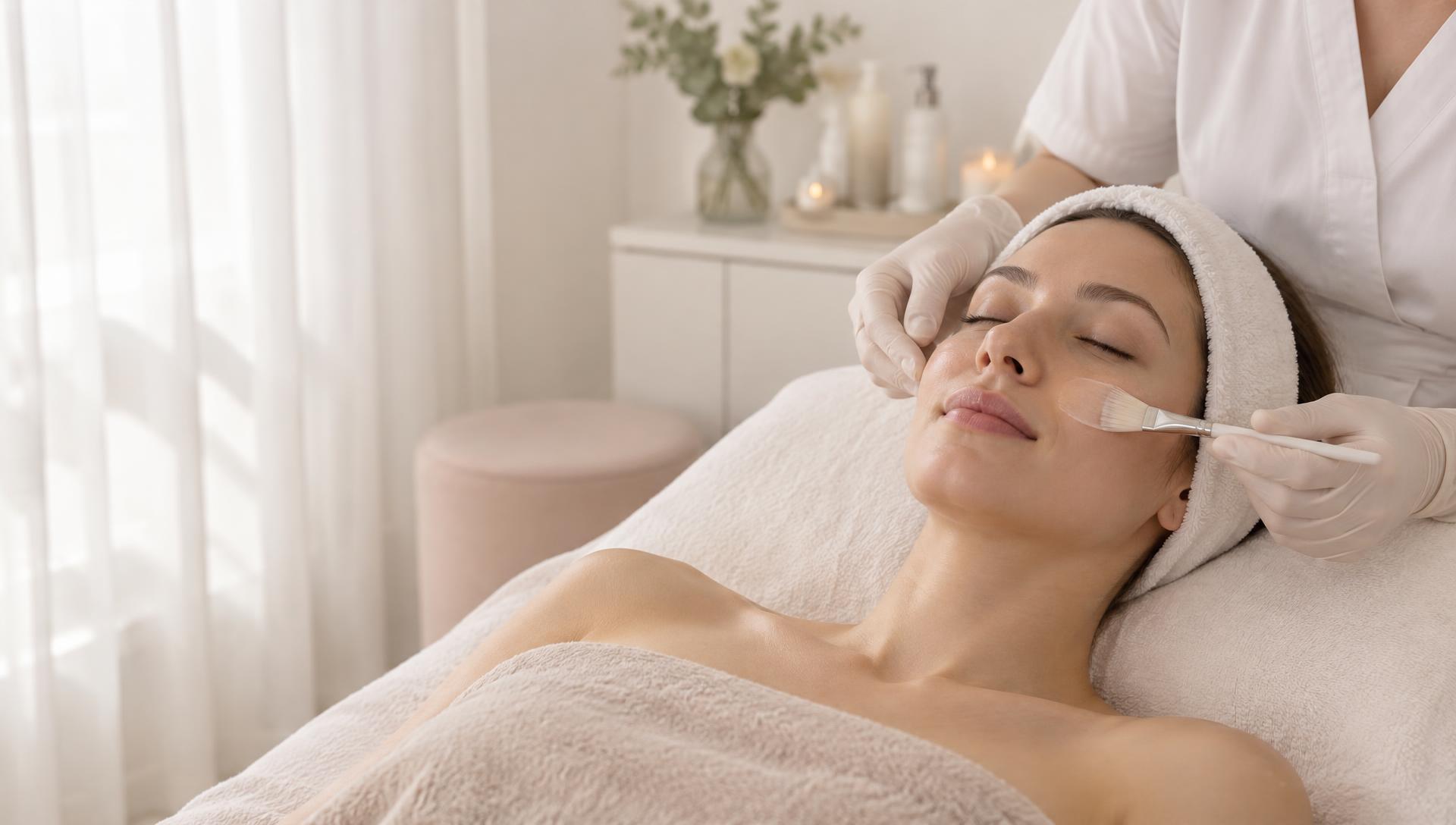 Imagem ilustrativa de uma cliente recebendo cuidado facial em um ambiente clean